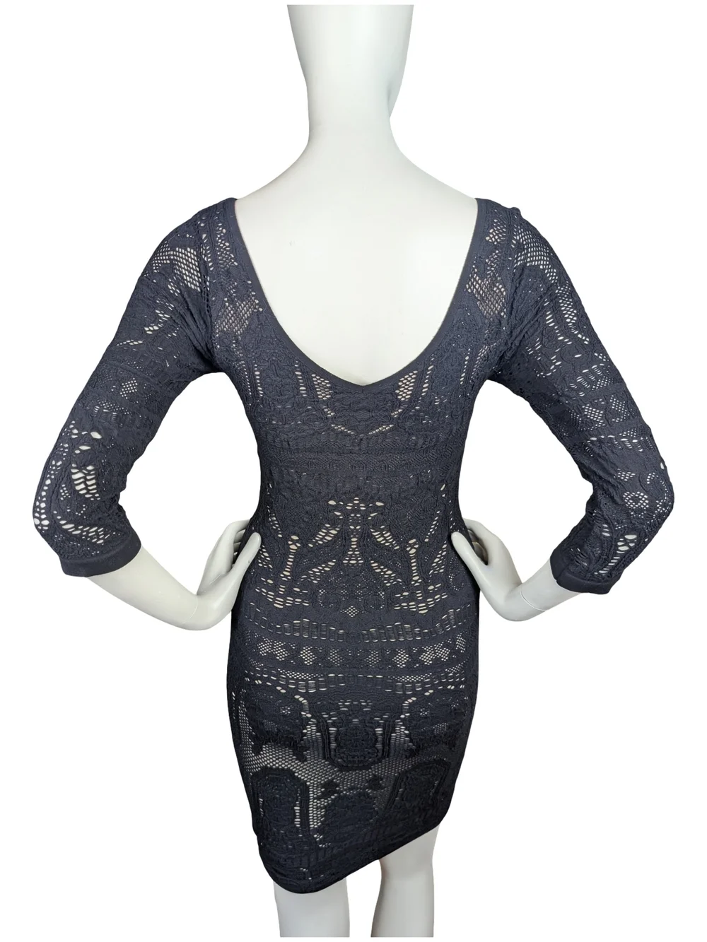 Vintage Y2K bebe Made USA Black Lace Nude Lined Bodycon Bombshell Dress M/L - Picture 4 of 9